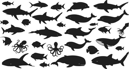 MobileMarine animal silhouette set, ocean sea life vector illustration, underwater wildlife clipart design, flat vector illustration