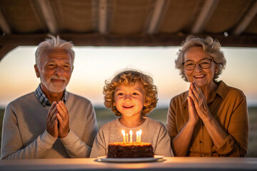 Family celebrates a birthday with a cake and candles. Generational joy with warm lighting suits family branding and lifestyle content.