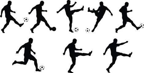 Soccer player silhouette set, football kicking action vector clipart, sports athlete design illustration, flat vector illustration
