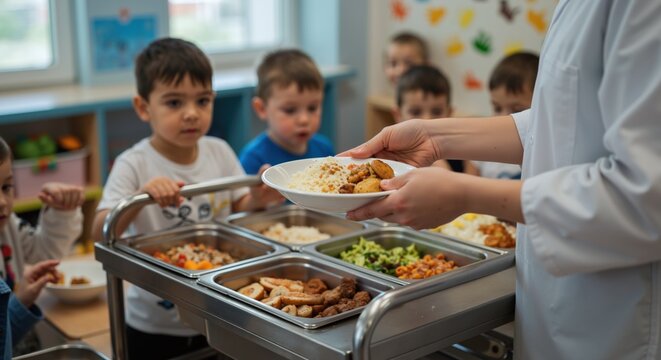 Woman in white coat serves plate of food from canteen cart to children at preschool table, trays with varied meals. School lunch, childhood, nutrition, wellness product, education, catering