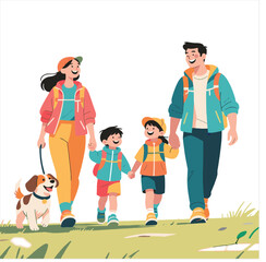 A vector illustration showcases a cheerful family embarking on an outdoor adventure.