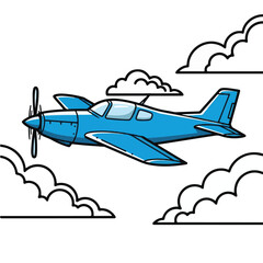 Blue Airplane Flying Among Clouds, Cartoon Illustration