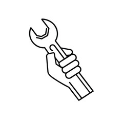 Minimalist Line Drawing of Hand Holding Vertical Wrench Symbolizing Repair and Tools