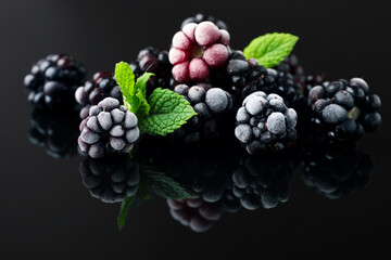 Frozen blackberries and mint on black table, closeup