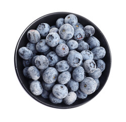 Many frozen blueberries in bowl isolated on white, top view