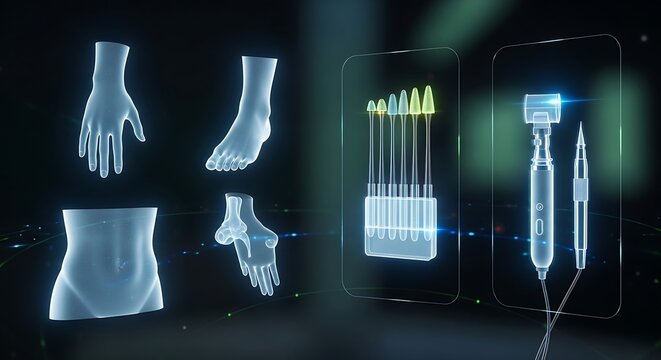 Advanced medical technology featuring holographic projections of human body parts and surgical tools, showcasing futuristic diagnostic and treatment capabilities in healthcare and scientific research
