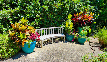 Garden with wooden bench and flowers in containers