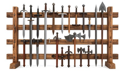 Display of medieval weaponry on wooden stand