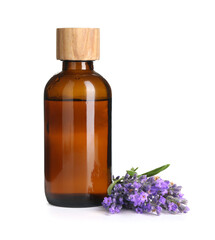Lavender essential oil in bottle and flowers isolated on white