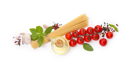 Raw spaghetti pasta and different ingredients isolated on white, top view