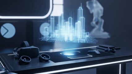 Futuristic VR Gaming Setup with Holographic Cityscape and Sleek Design - Powered by Adobe