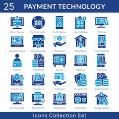 Payment Technology icon set collection in solid glyph style. an icon pack contain corporate buildings, file sharing, sustainable investment, marketplace growth, money transfer, personal bankin