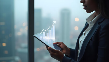 Clean white upward market line chart over subtle transparent bars