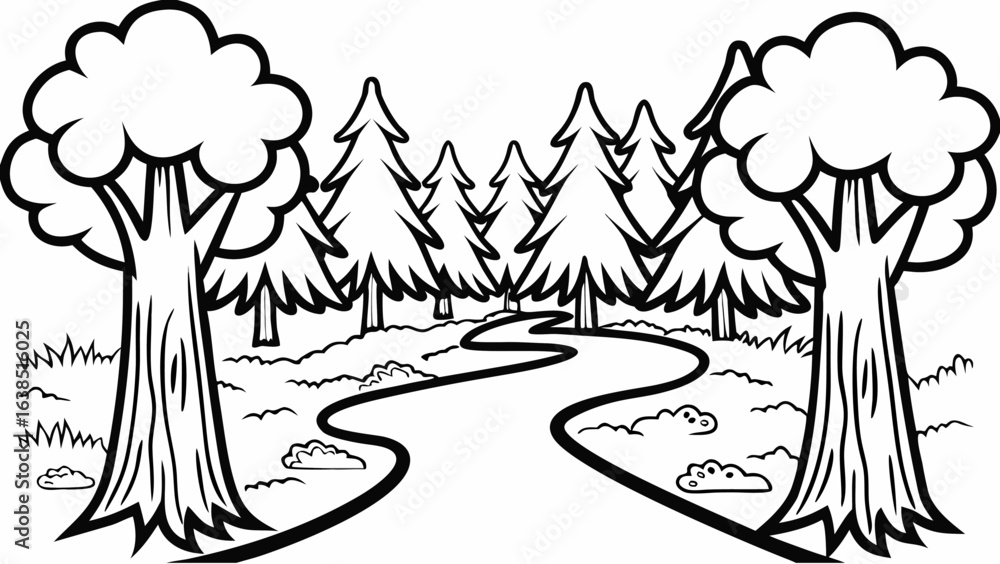 Poster a winding path through a forest with deciduous trees and coniferous trees in a black and white drawi