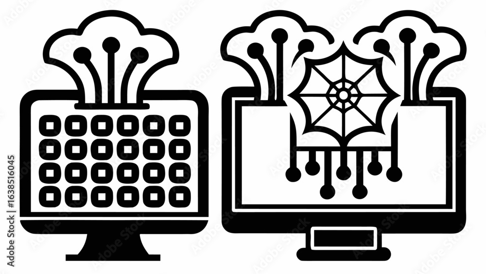 Aufkleber two computer screens showing data flow and a spiderweb design in black and white illustration style 