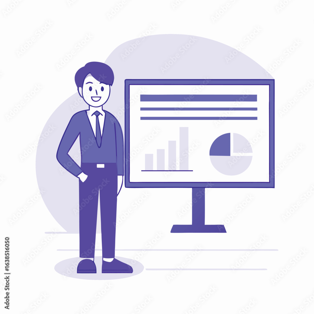 Aufkleber businessman standing next to a computer monitor displaying a bar chart and pie chart