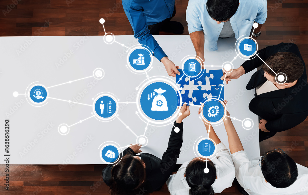 Poster a diverse team collaborates over a table, engaged in problem-solving and strategy development, utili