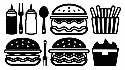 Illustration of fast food items including burgers fries sauce and utensils in a black and white style | editable eps vectors silhouette