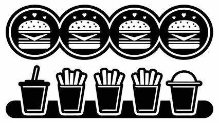 Black and white illustration of four burgers with hearts, fries and a drink on a black background | editable eps vectors silhouette