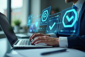 Businessman interacts with digital data flow charts on laptop