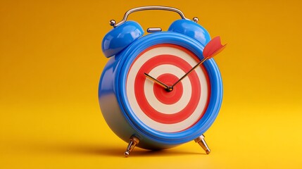 Alarm Clock with Target, Arrow, Hits Center, Represents Time Management, Yellow Background.