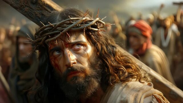 Jesus Christ's journey: Golgotha road, final moments, heavenly gaze, divine connection, sacred purpose, biblical scene, theology depiction, spiritual sacrifice, holy vision, faith expression.