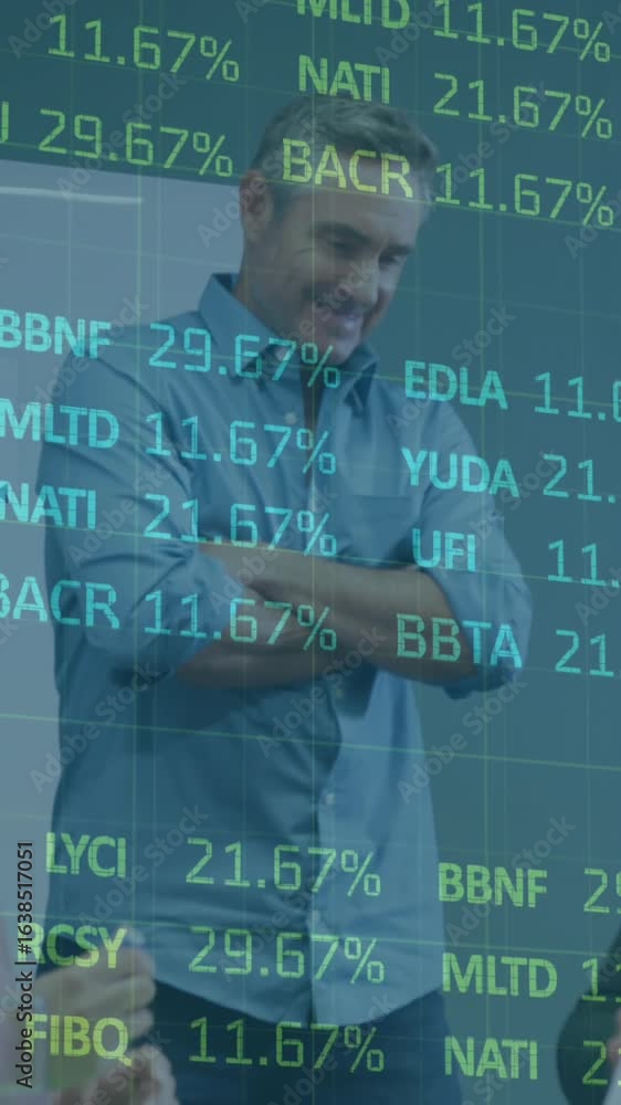 Aufkleber animation of stock market data processing over diverse colleagues discussing together at office