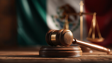Wide Angle Wooden Gavel and Justice Scales with Blurred Mexican Flag in Background, Symbolizing Mexican Legal System, National Laws, Judiciary and International Treaties