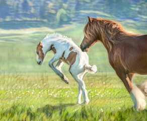 Gypsy Vanner horse foal jumps and plays running with mare in alpine meadow. Stylized digital photo art.
