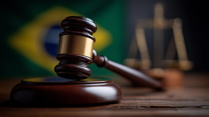 Obraz premium Wide Angle Wooden Gavel and Justice Scales with Blurred Brazil Flag in Background, Symbolizing Brazil Legal System, National Laws, Judiciary and International Treaties