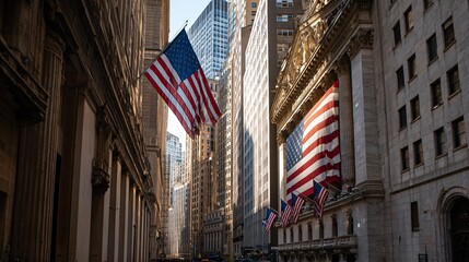 American flags adorn tall buildings in a bustling city