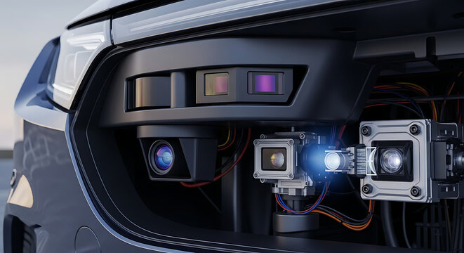 Close up view of a car's advanced driver assistance system with sensors and cameras mounted in the front ai generated