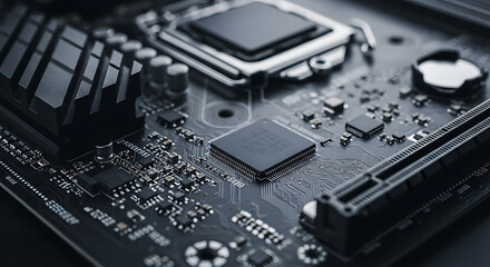 A detailed close up of a black motherboard with various components and intricate circuit patterns visible ai generated