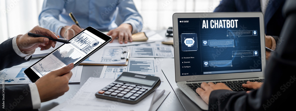 Poster business intelligence and data analysis concept. analyst team working on financial data analysis das