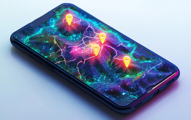 Highly detailed conceptual illustration of an immersive virtual map system with interactive elements and layered geospatial data in a sci-fi aesthetic isolated on white background PNG