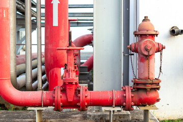 Industrial Fire Safety System with Red Pipes Valves and Hydrant Outdoor Emergency Infrastructure...