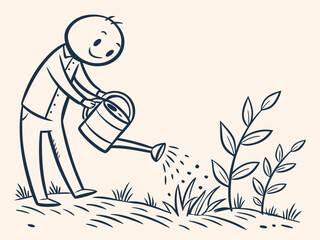 Gardener watering plants with joy, vector illustration, engaging nature scene
