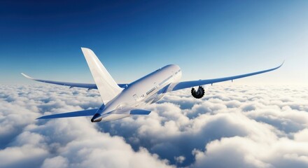 Obraz premium Modern Airplane Soaring Above White Clouds in a Blue Sky