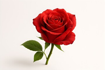 Single Red Rose Flower with Green Leaves Isolated on White Background
