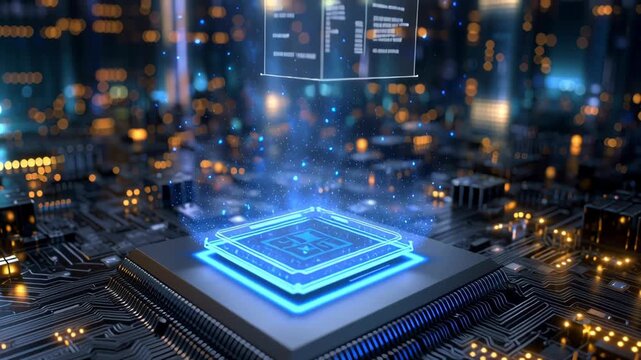 Futuristic microchip with glowing circuitry.