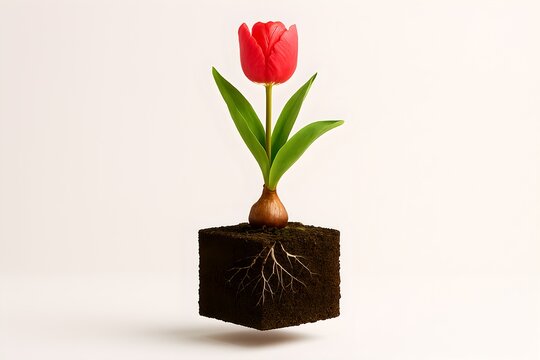 Red Tulip Flower with Bulb and Roots Isolated on White Background