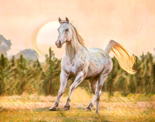 adult male Appaloosa horse male runs head on in field with big sun.  Stylized digital photo art.