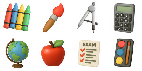 Fototapeta premium 3d Icons set for back to school, Crayons, Paintbrush, Compass, Calculator, Globe, Apple, Exam checklist, Paint palette