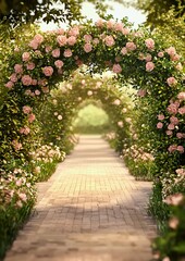 Fototapeta premium A rose-covered archway inviting you to explore the garden's hidden beauty. The pathway lined with flowers leads to a picturesque scene. Roses cascade creating a romantic atmosphere