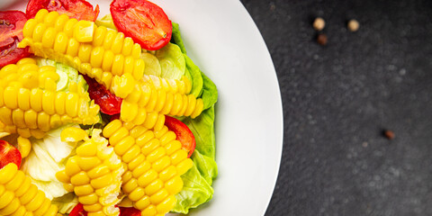 Corn salad tomato fresh vegetables snack fresh delicious gourmet food background on the table  rustic food top view copy space keto and paleo diet vegetarian and vegan food