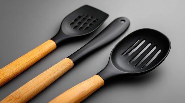 Three wooden spoons with black handles are shown