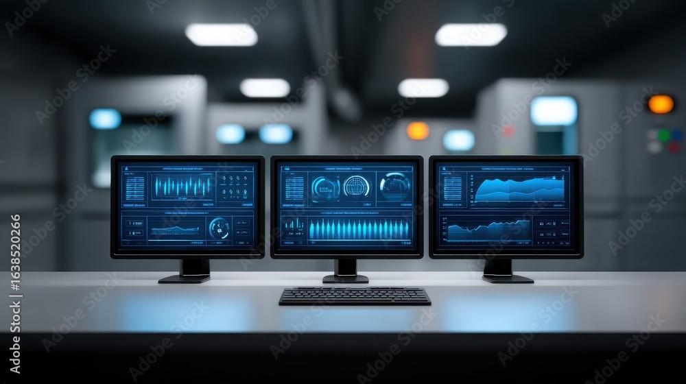 Poster three computer monitors are displayed on a desk, each with a different screen