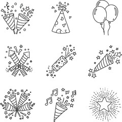 Celebration and party icon set, confetti, balloons, fireworks, and party hats, isolated on white background with doodle line art, vector illustration.
