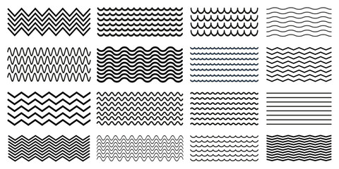 Waves line set. Wave ornament pattern. Set of wavy zigzag lines. Wave thin line background. Vector zigzag and wavy horizontal underline. Vector illustration 