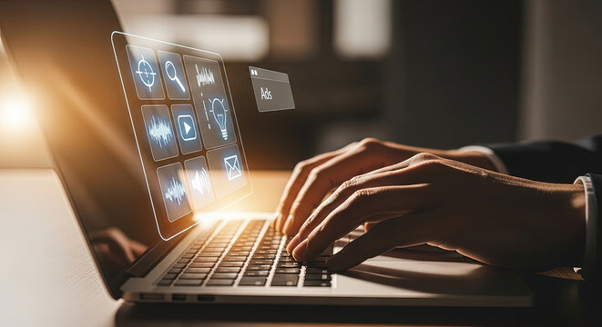 Digital Marketing Strategy: Man Typing on Laptop with Virtual Interface of Ads, SEO, Analytics, and Social Media Icons for Business Growth - Stock Photo